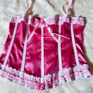 Pink Satin and White Lace Trimmed Corset Large